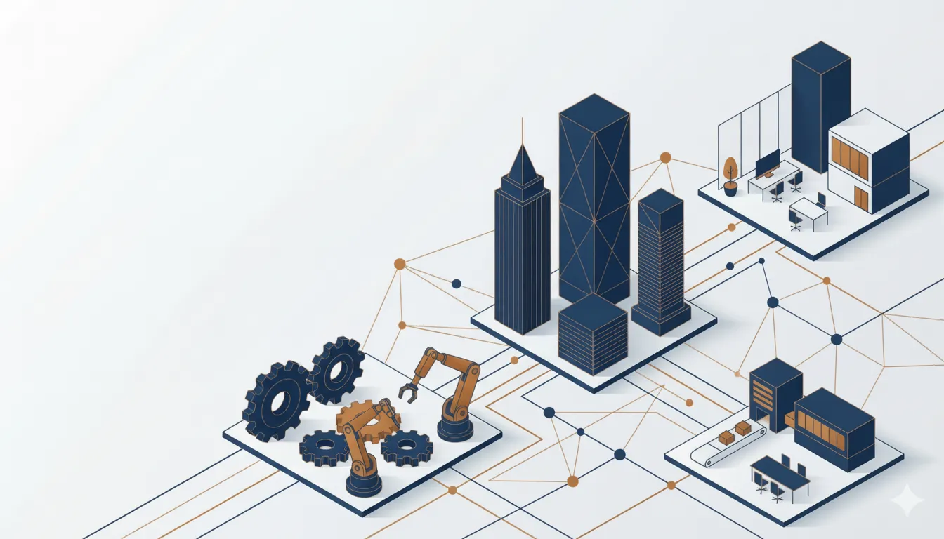 Isometric illustration connecting manufacturing, financial services, and corporate sectors through a network of linked systems