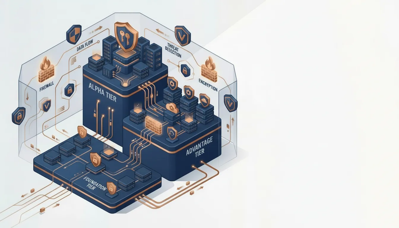 Isometric illustration of the three Atticus Rowan service tiers (Foundation, Advantage, Alpha) shown as stacked platforms on a circuit-board base with security shield icons